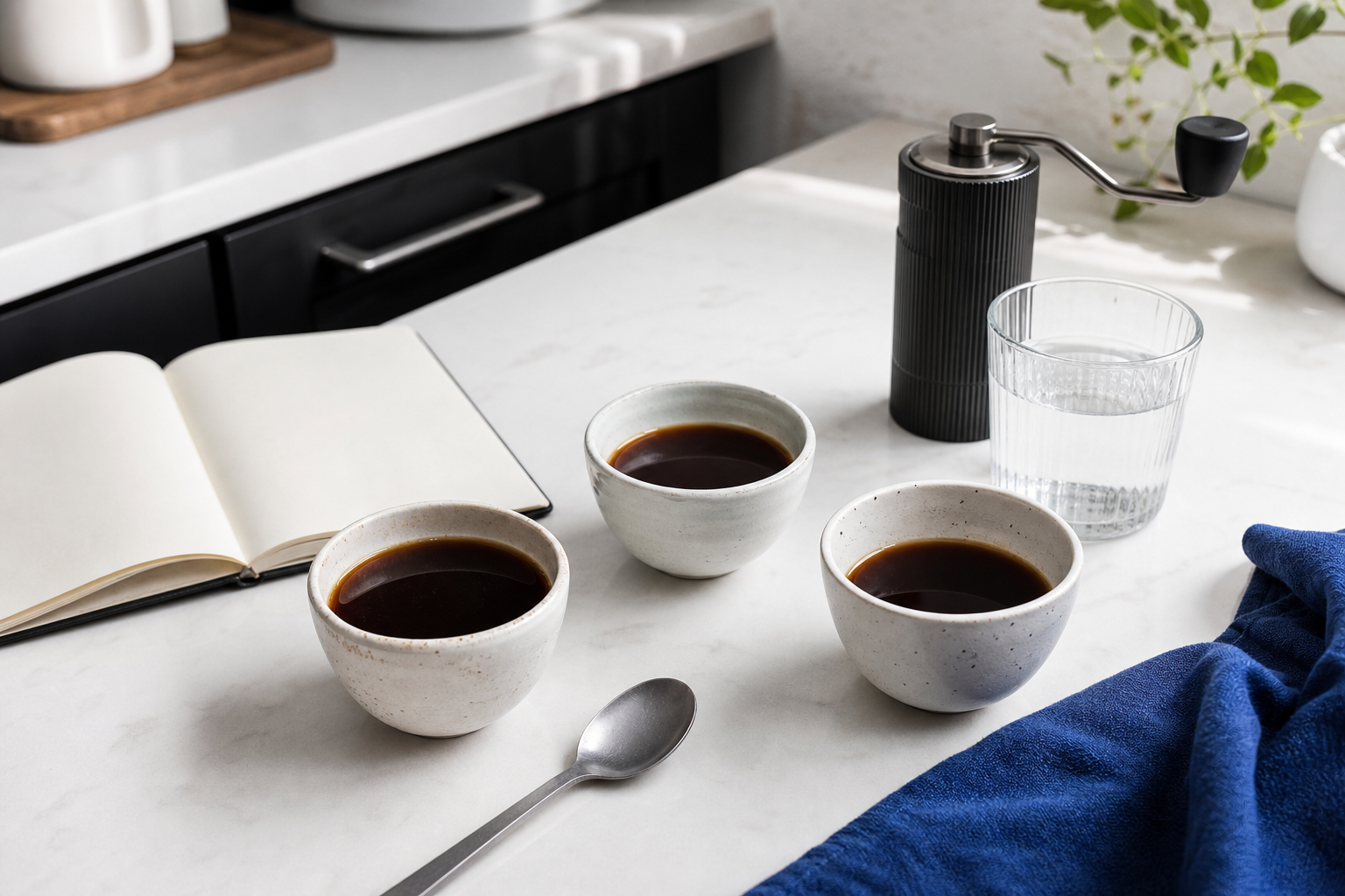 Drie kleine koppen zwarte koffie naast een handmolen, lepel en glas water